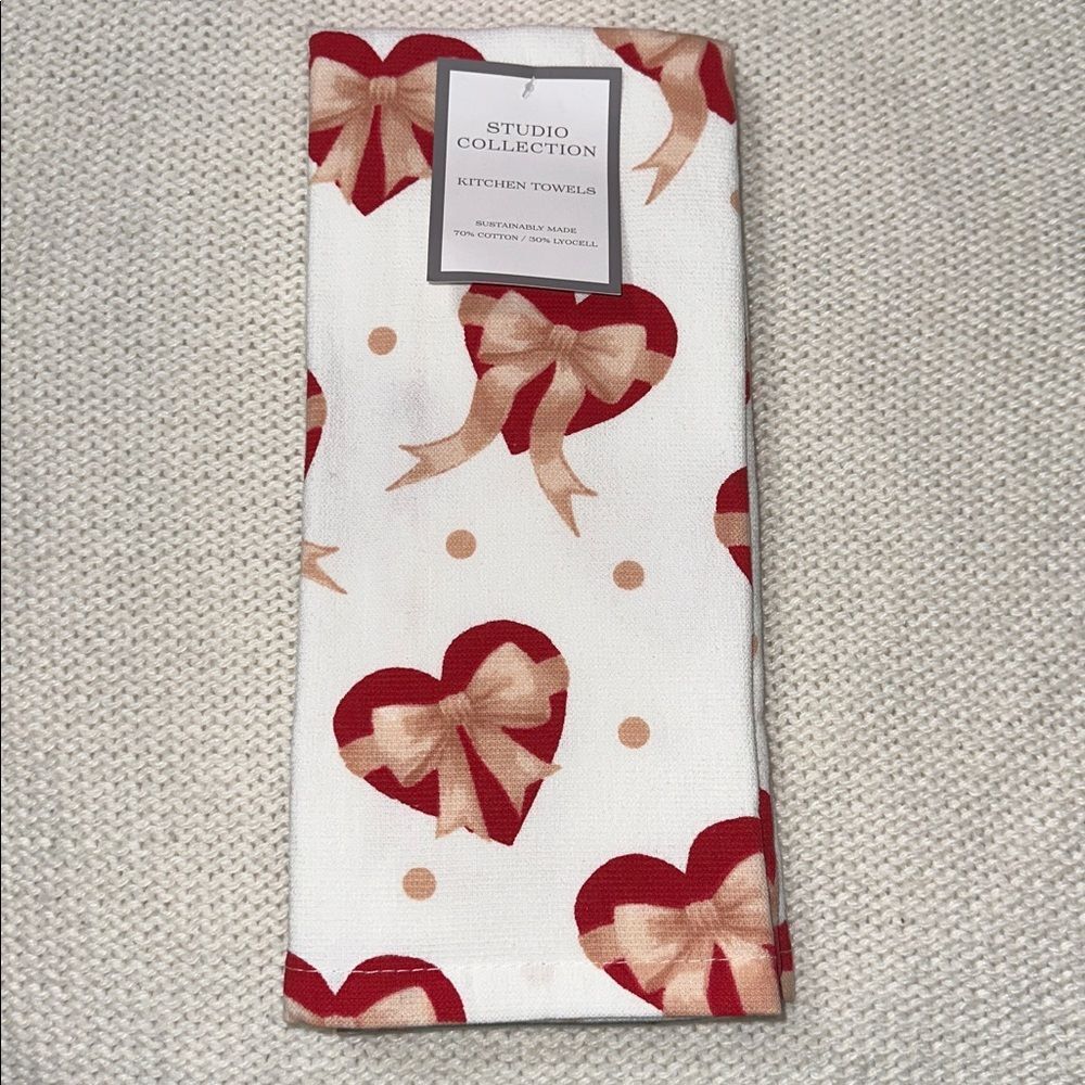 SC Valentine’s Day White Red Beige Heart & Bows Cotton Blend Tea Kitchen Towels